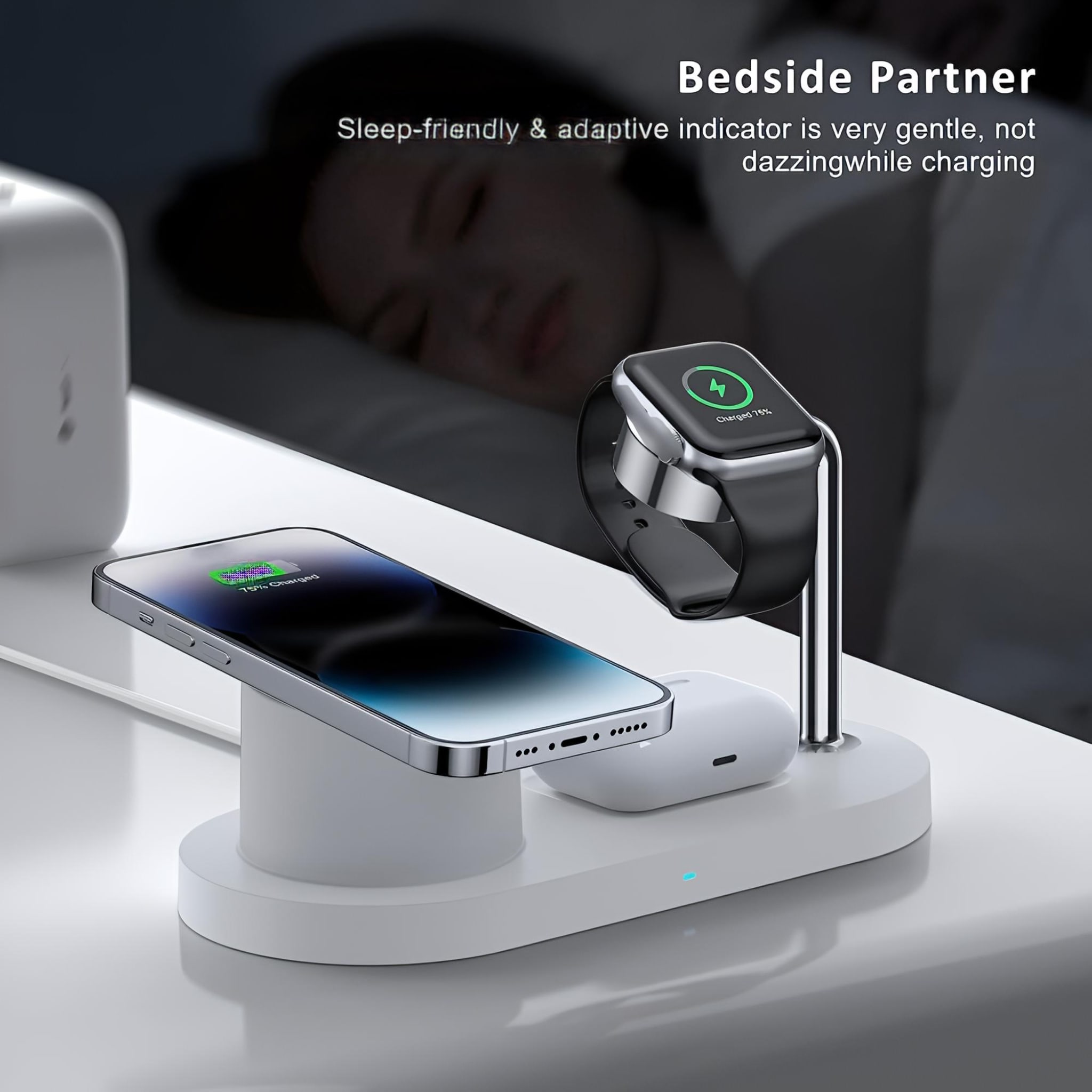 Phones, watch, and earbuds that charge wirelessly on one IFONIA station